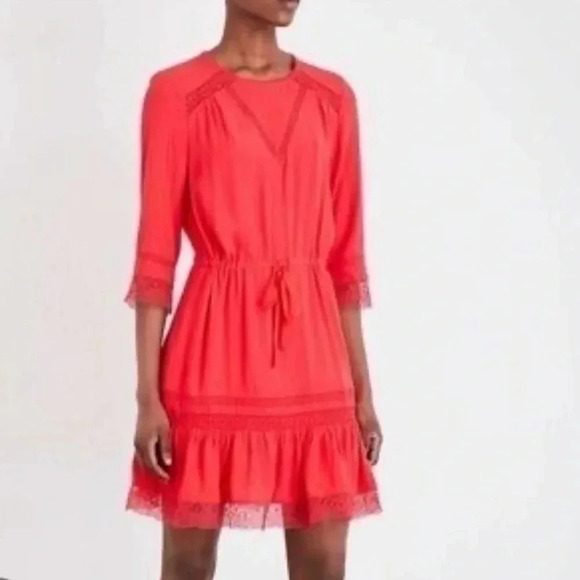 Maje Size S Red 3/4 Sleeves Lace Trimmed Crepe Dress - Picture 1 of 9
